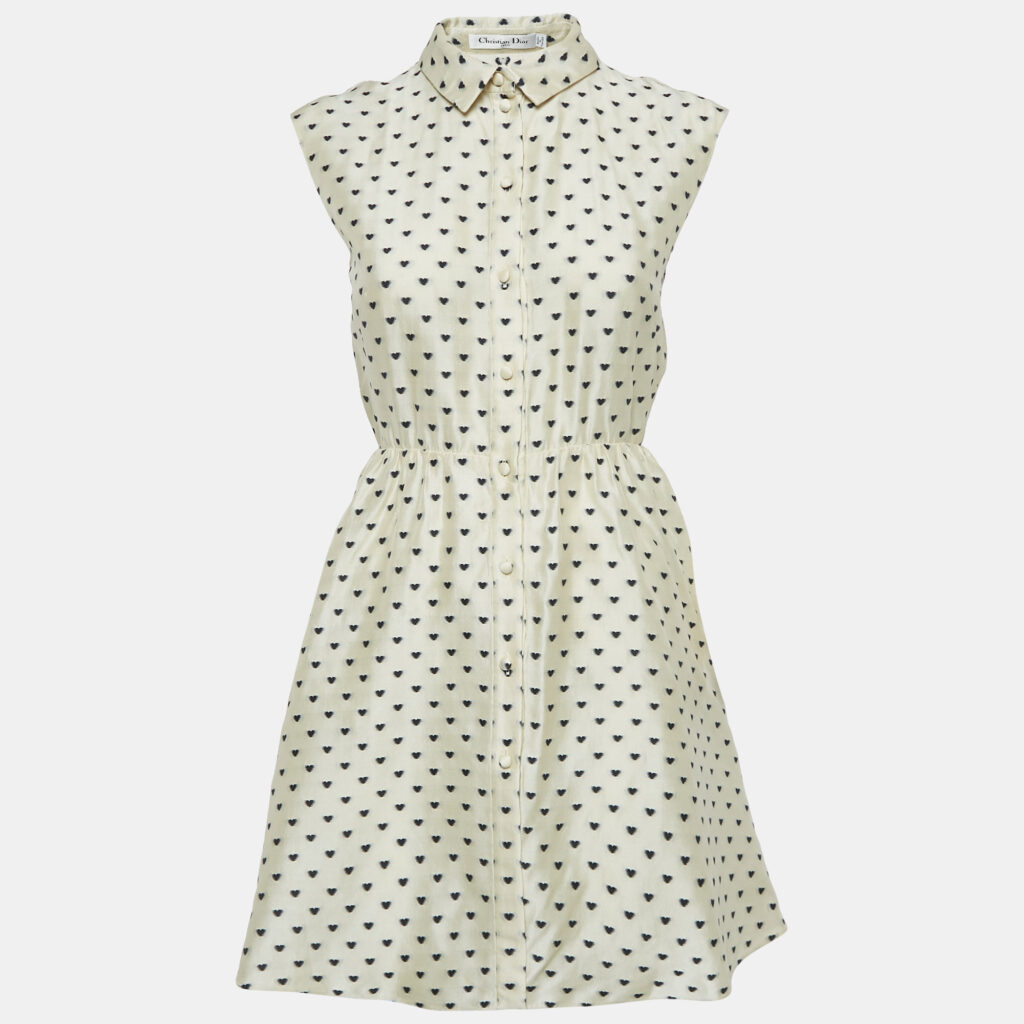 luxury-women-dior-used-clothes-p1147892-005.jpg Christian Dior Cream Heart Jacquard Taser Silk Mini Dress S