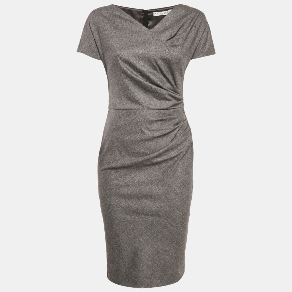 Christian Dior Grey Wool Pleated Sheath Dress S