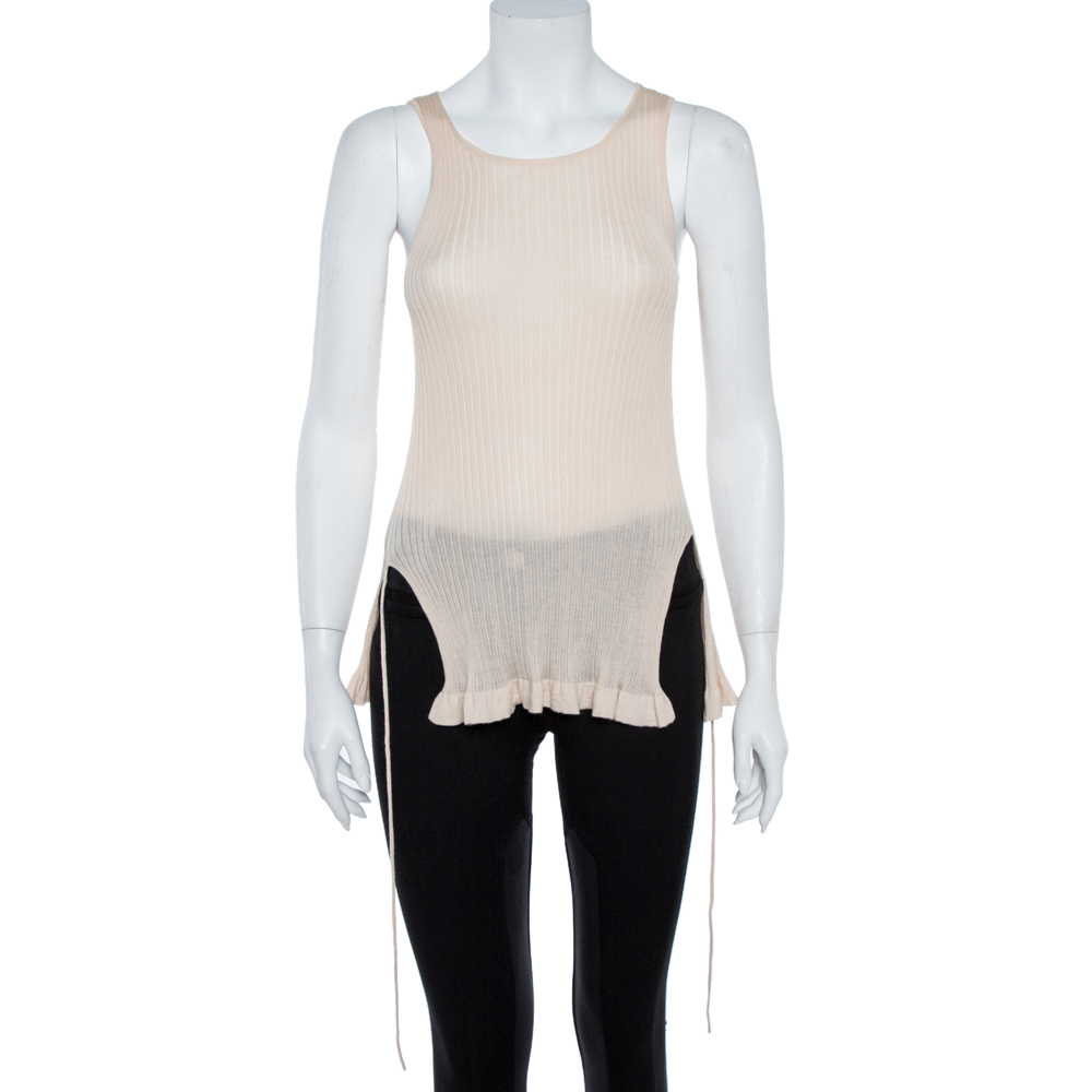 Christian Dior Beige Rib Knit Front Tie Detail Sleeveless Top S