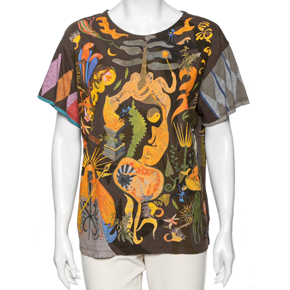 luxury-women-dior-used-clothes-p591915-010-2 Dior Brown Printed Cotton Short Sleeve T-Shirt M