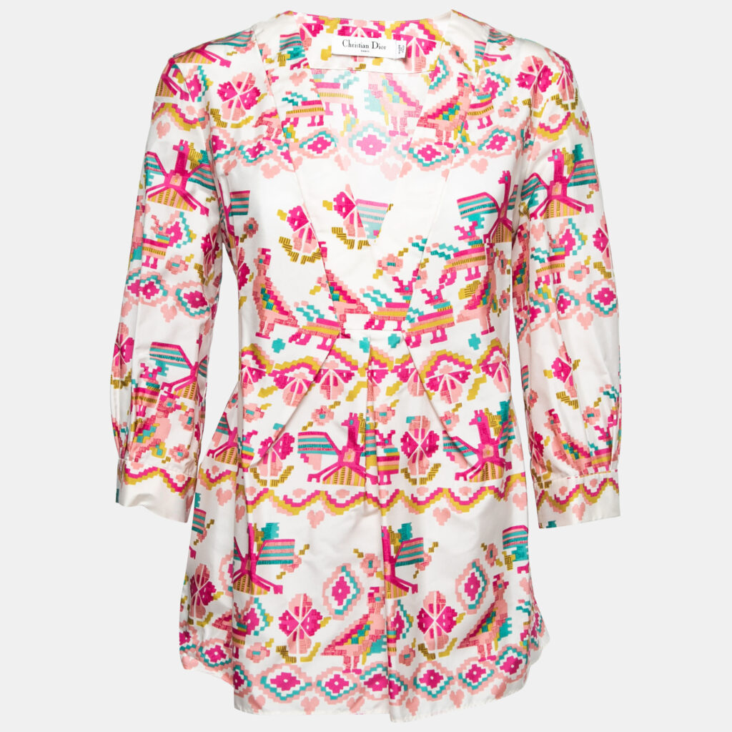 luxury-women-dior-used-clothes-p791525-001 Dior Pink Printed Silk Peplum Blouse L