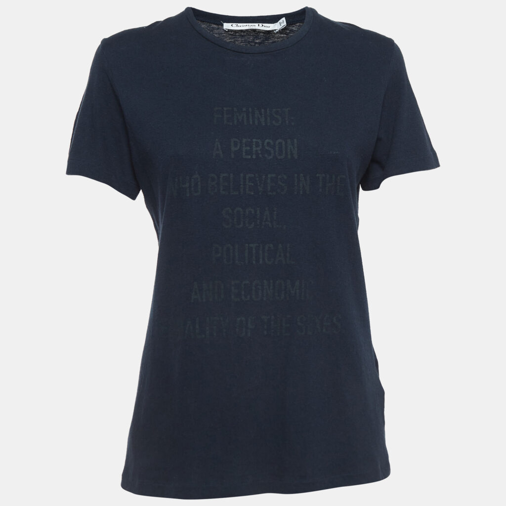 luxury-women-dior-used-clothes-p918875-006 Christian Dior Navy Blue Feminist Print Cotton Blend Half Sleeve T-Shirt S
