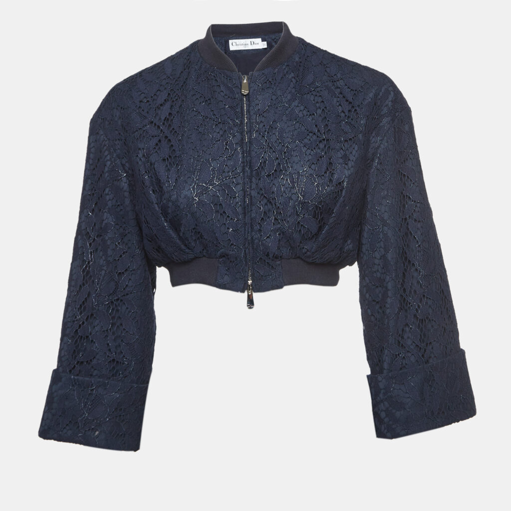 luxury-women-dior-used-clothes-p951797-001 Christian Dior Navy Blue Floral Lace Cropped Jacket M