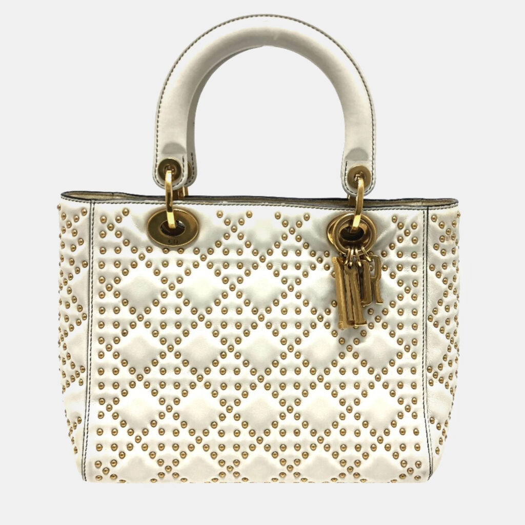 luxury-women-dior-used-handbags-p1034266-016 Dior White Leather Studded Medium Lady Dior Top Handle Bags