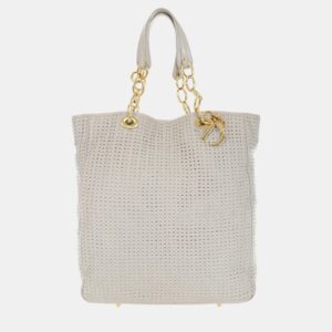 Dior White Woven Leather Soft Lady Dior Shopping Tote Bag