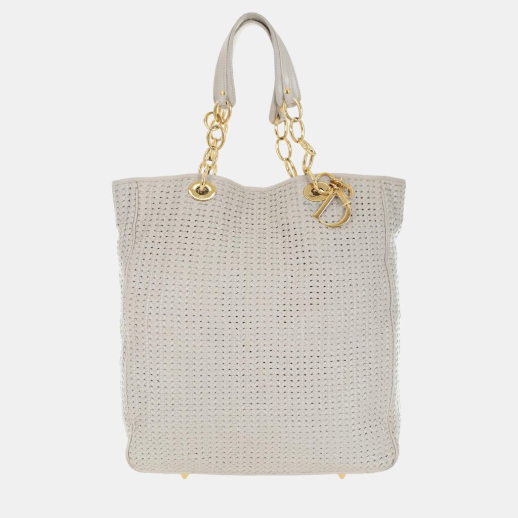 luxury-women-dior-used-handbags-p1055078-007 Dior White Woven Leather Soft Lady Dior Shopping Tote Bag