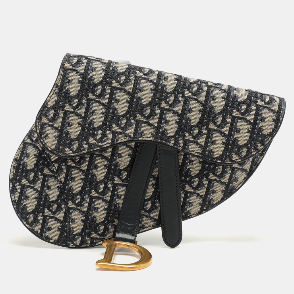 luxury-women-dior-used-handbags-p1072638-002 Dior Blue/Black Oblique Canvas and Leather Saddle Belt Bag