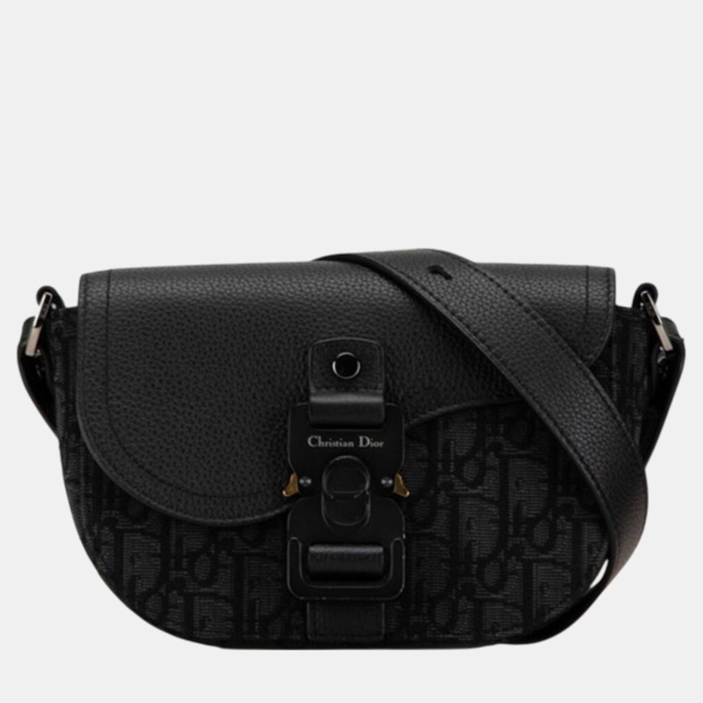luxury-women-dior-used-handbags-p1091914-002 Dior Black Canvas Leather Trotter Saddle Shoulder Bag