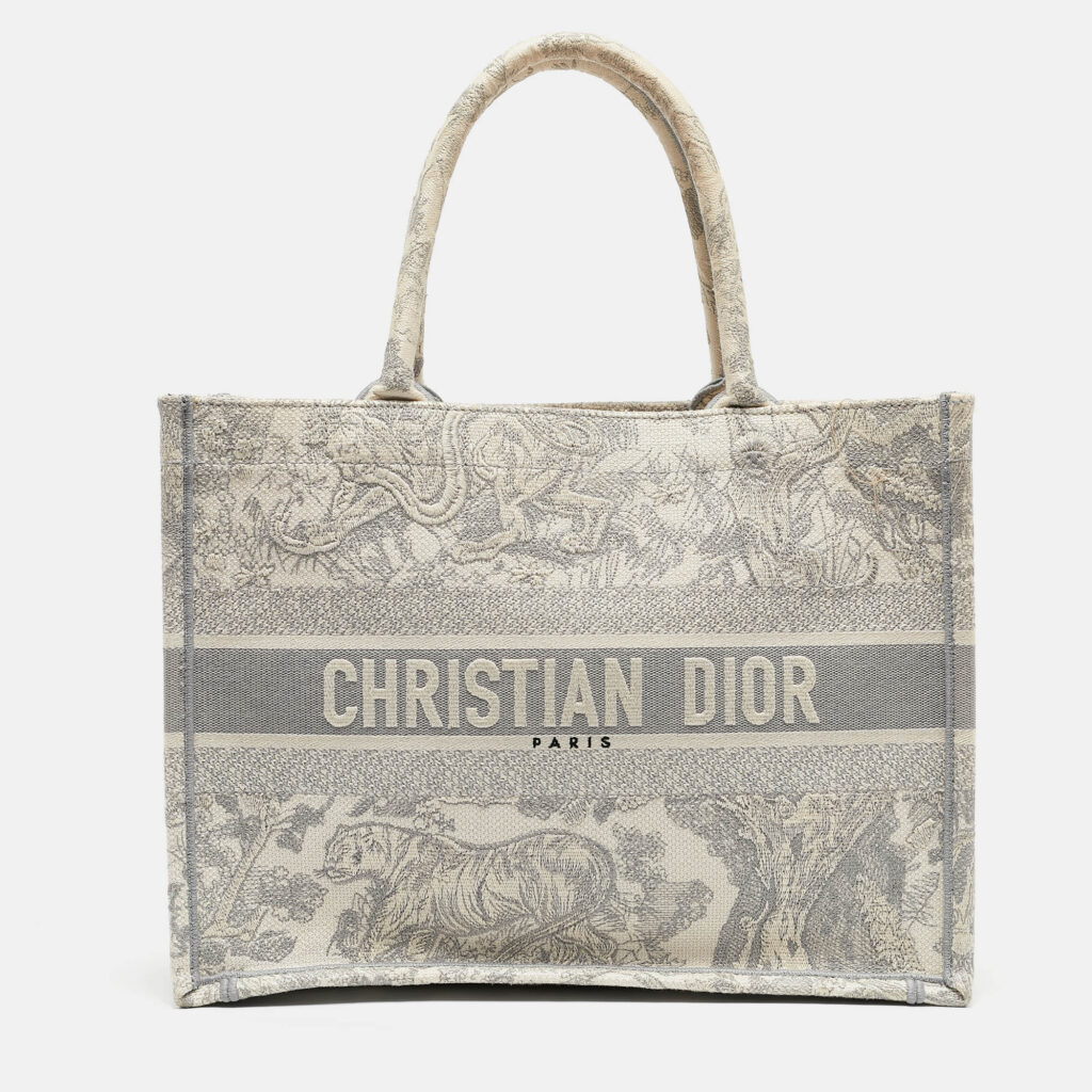 luxury-women-dior-used-handbags-p1092527-015 Dior Grey/White Embroidered Toile de Jouy Canvas Medium Book Tote