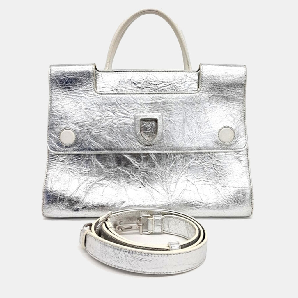 luxury-women-dior-used-handbags-p1096505-002 Dior Silver Laminated Leather Medium Diorever Bag