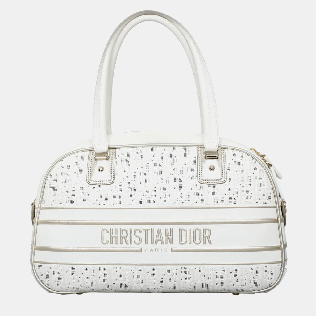 luxury-women-dior-used-handbags-p1101093-007 Christian Dior White Canvas Medium Vibe Bowling Bag