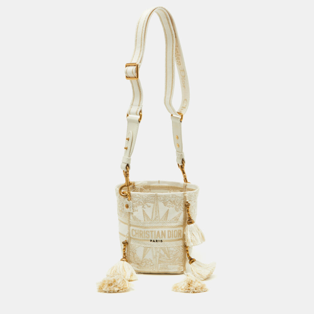 luxury-women-dior-used-handbags-p1105202-003 Dior Beige/Gold Rêve d'Infini Embroidery Canvas Small D-Bubble Bucket Bag