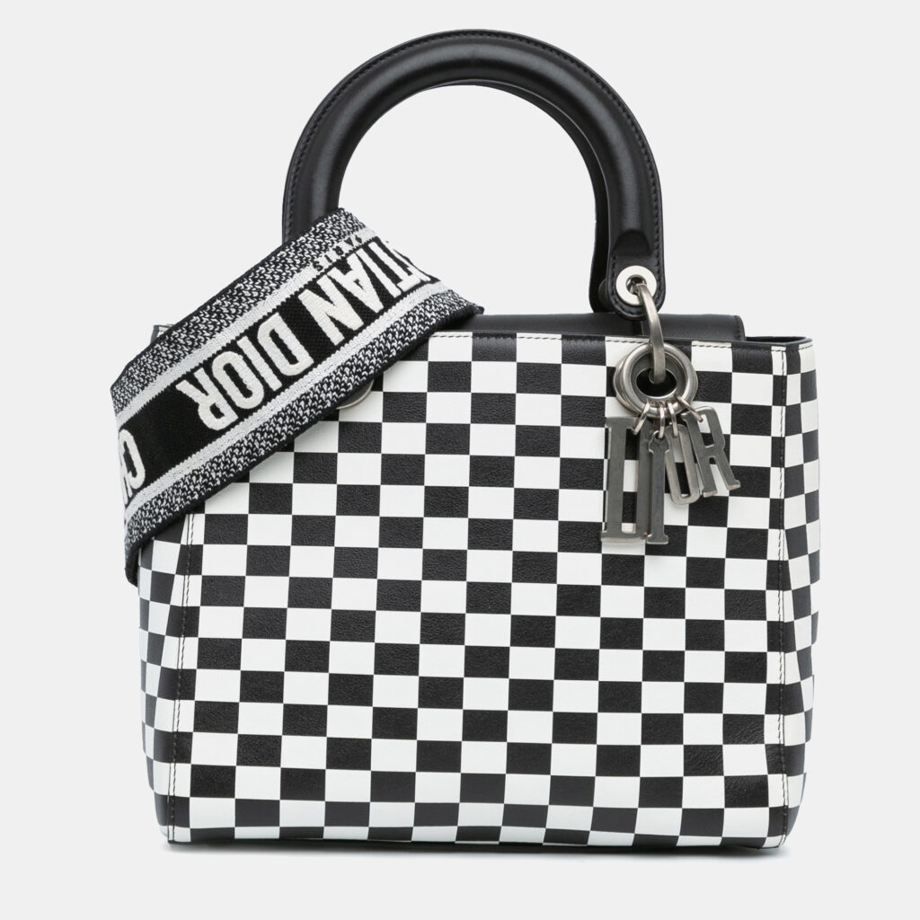 luxury-women-dior-used-handbags-p1109904-018 Dior Black White Leather Medium Checkered Lady Dior Tote Bag
