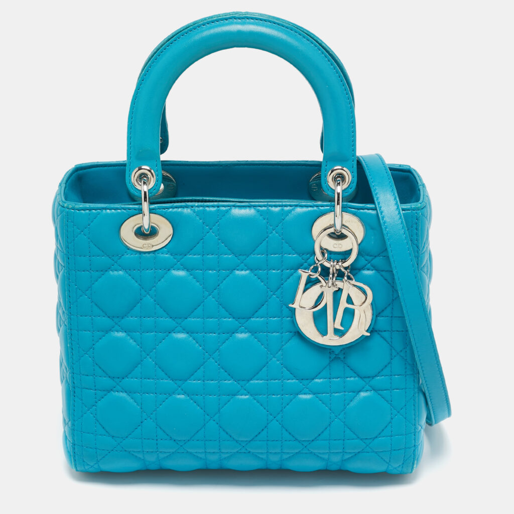 luxury-women-dior-used-handbags-p1112807-003 Dior Turquoise Blue Cannage Leather Medium Lady Dior Tote