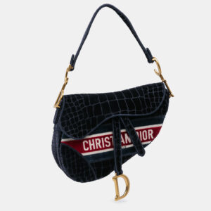 Dior Navy Blue Velvet Crocodile Effect Embroidered Saddle Bag