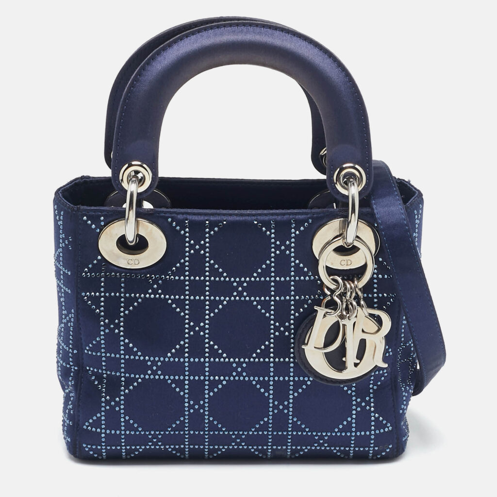 luxury-women-dior-used-handbags-p1117965-013 Dior Navy Blue Cannage Crystal Satin Mini Lady Dior Tote