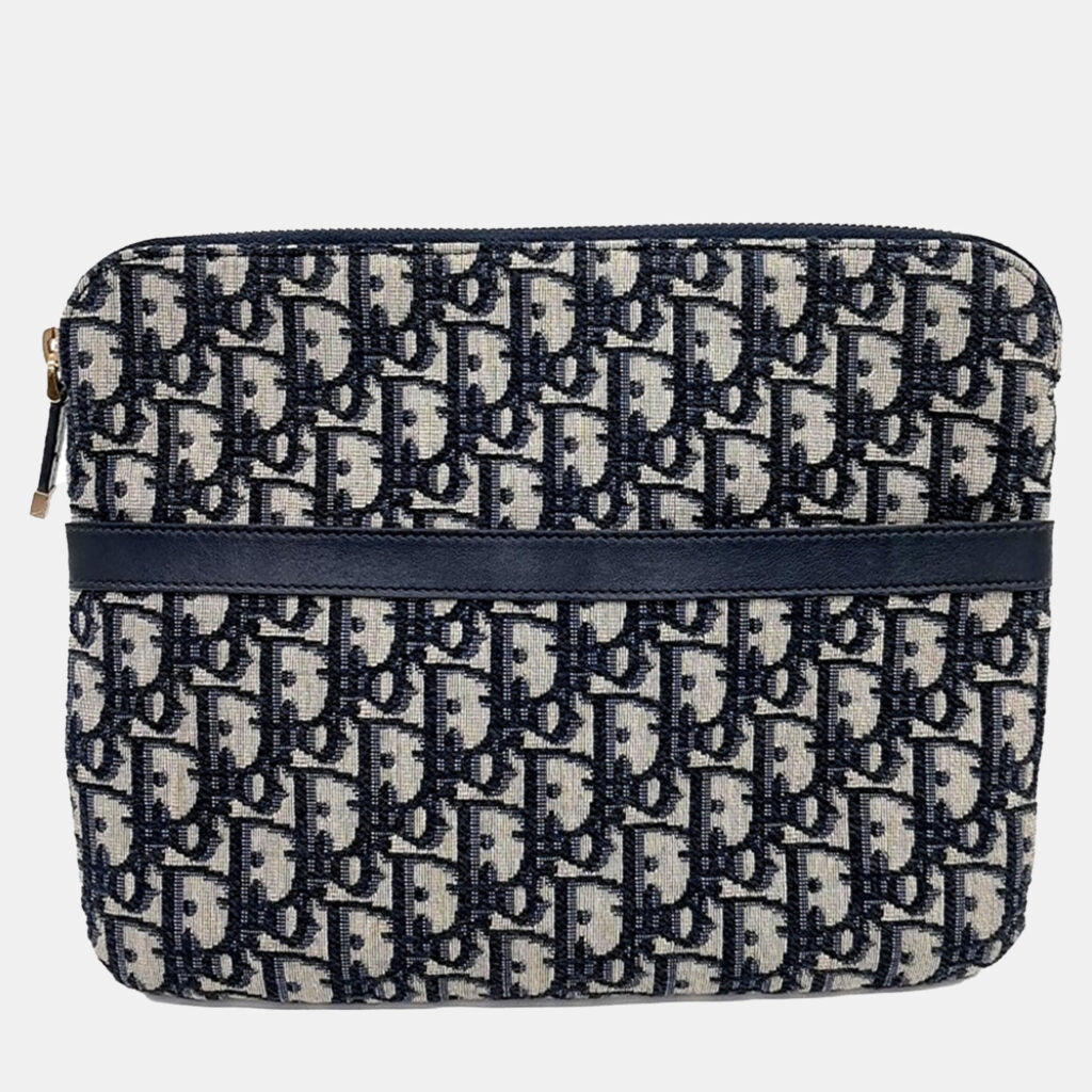 luxury-women-dior-used-handbags-p1125459-002 Dior Blue Fabric Oblique Travel Kit Pouch Bag