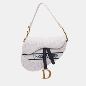 Dior White Perforated Oblique Embossed Calfskin Saddle Bag