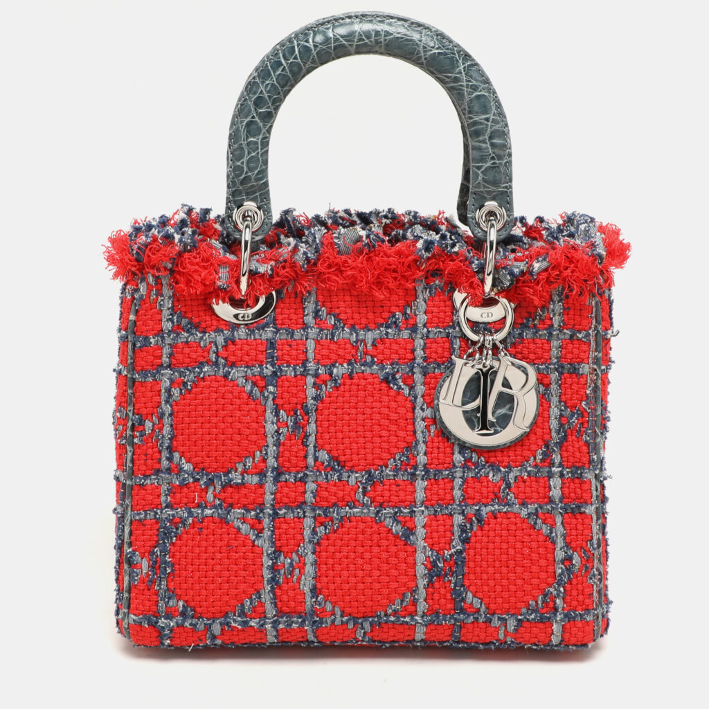 luxury-women-dior-used-handbags-p1147432-012 Dior Multicolor Croc Embossed Leather and Tweed Medium Lady Dior Tote