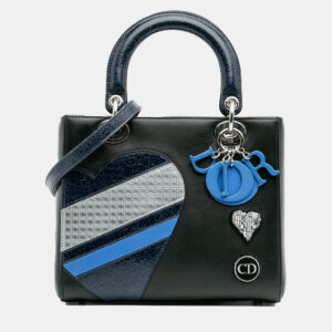 Dior Black Blue Medium Calfskin Patent Embroidered Valentines Day Heart Lady Dior