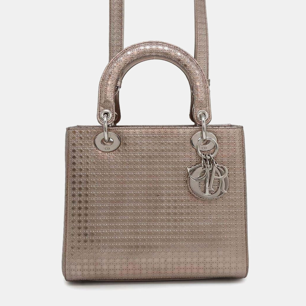 luxury-women-dior-used-handbags-p1150441-015 Dior Metallic Pink Leather Lady Dior 2Waybag Medium Size