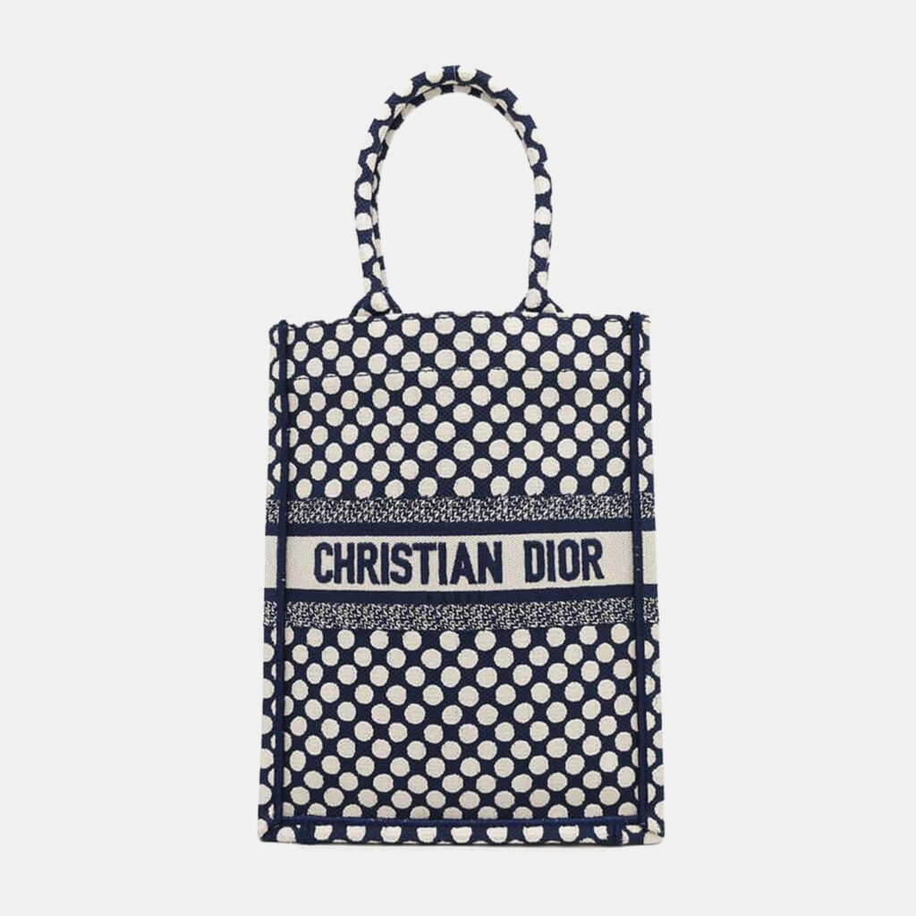 luxury-women-dior-used-handbags-p1150449-010 Dior White Navy Canvas Vertical Book Tote Dot Bag