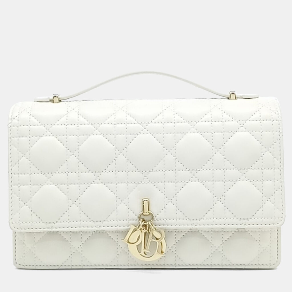 luxury-women-dior-used-handbags-p1154874-001 Dior White Leather Miss Dior Top Handle Clutch and Crossbody Bag