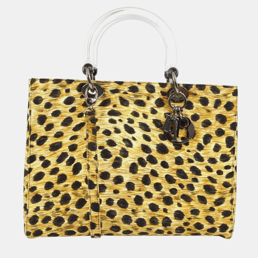 luxury-women-dior-used-handbags-p1155502-006 Dior Yellow Black Cheetah Print Canvas, Plastic Lady Dior Handbag