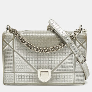 Dior Silver Microcannage Patent Leather Medium Diorama Shoulder Bag
