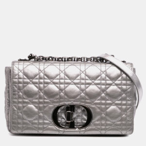 Dior Silver Medium Metallic Calfskin Cannage Supple Caro Bag