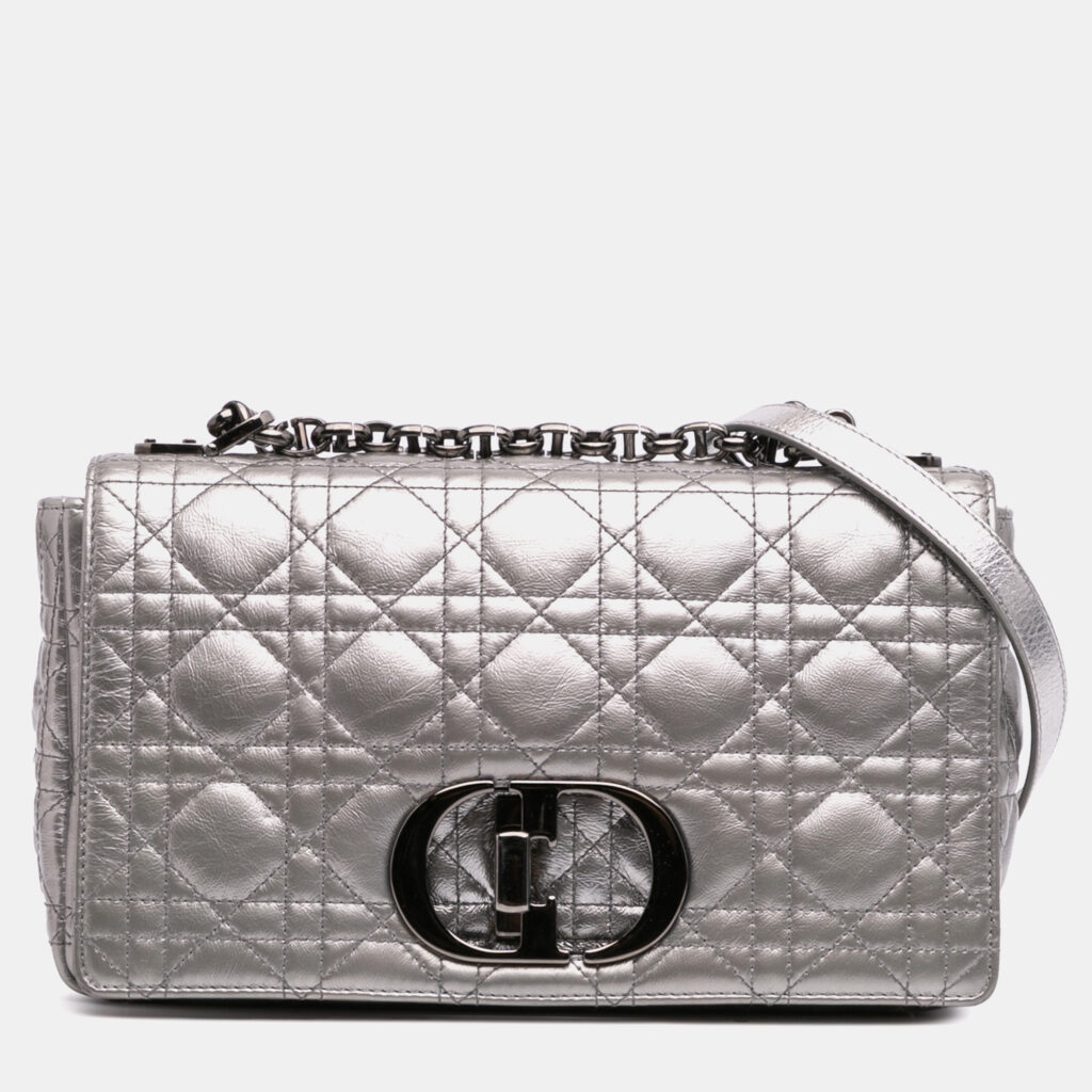 luxury-women-dior-used-handbags-p1156654-006 Dior Silver Medium Metallic Calfskin Cannage Supple Caro Bag