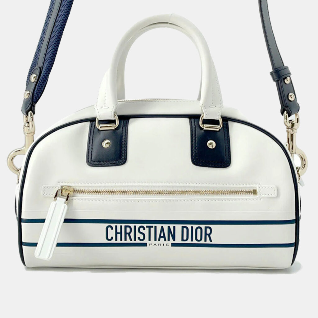 luxury-women-dior-used-handbags-p1157684-001 Dior White/Navy Leather Rubber Small Vibe Bowling Bag