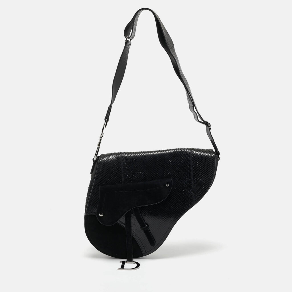 luxury-women-dior-used-handbags-p1161353-012 Dior Black Python and Suede Vintage Saddle Bag