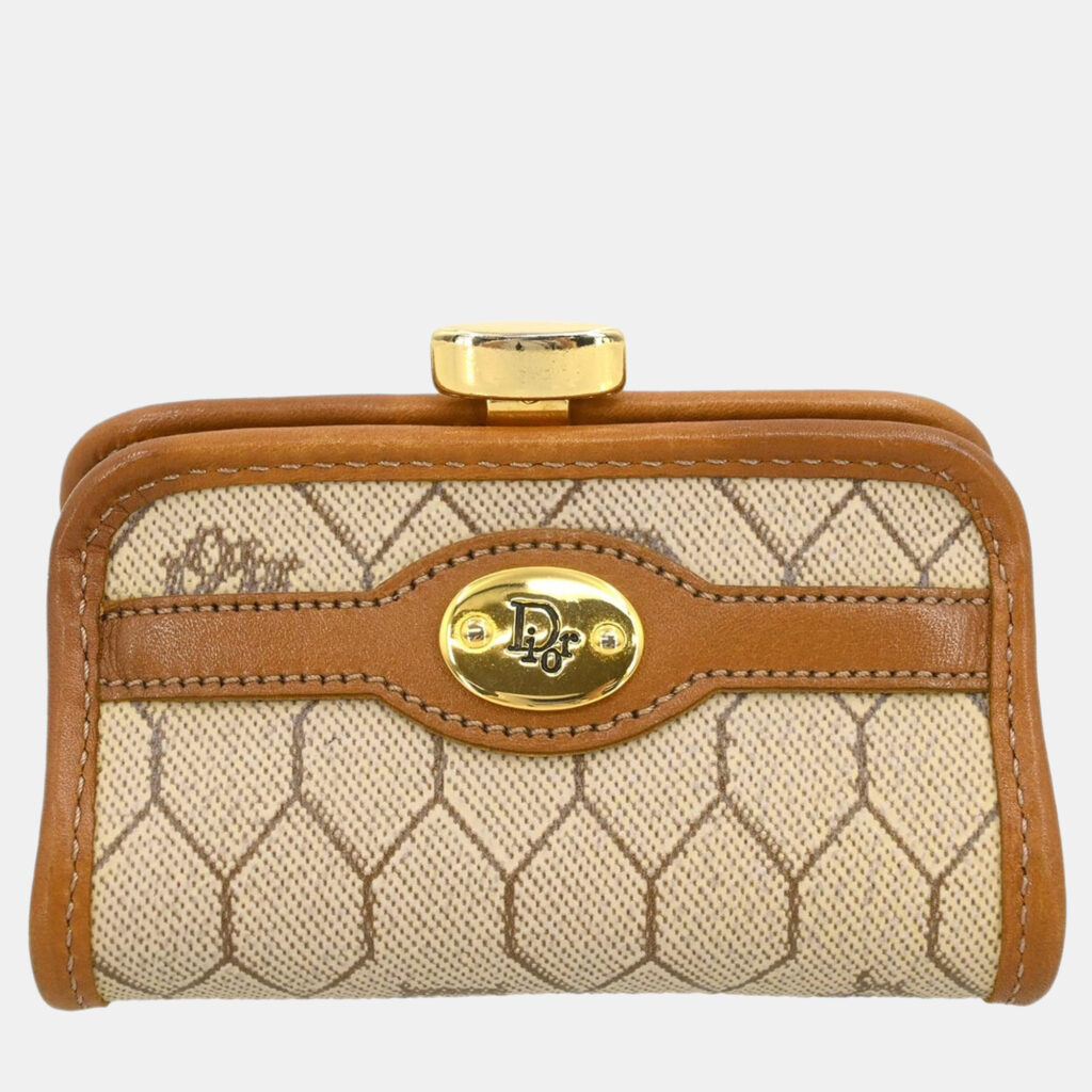 luxury-women-dior-used-handbags-p1161913-003 Christian Dior Beige/Brown Honeycomb Pattern Coin Case Wallet