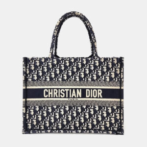 Dior Beige Navy Blue Fabric Oblique Book Tote Bag