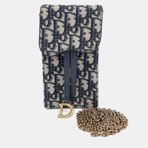 Dior Navy Blue Fabric Oblique Saddle Chain Crossbody Bag