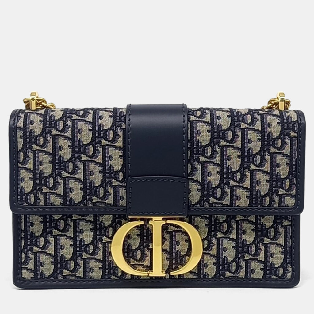luxury-women-dior-used-handbags-p1162718-002 Dior Navy Blue Calf Leather Fabric Oblique 30 Montaigne Bag