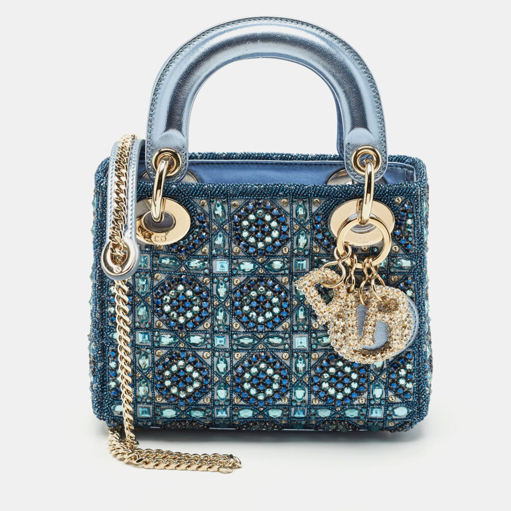 Dior Metallic Blue Leather and Satin Embellished Mini Lady Dior Tote