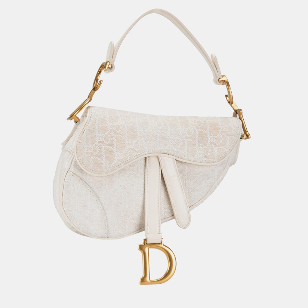 luxury-women-dior-used-handbags-p1165196-001 Dior White Mini Oblique Canvas Saddle Bag