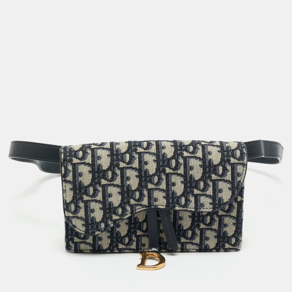 luxury-women-dior-used-handbags-p1166115-007 Dior Navy Blue Oblique Canvas and Leather Saddle Pouch Belt Bag