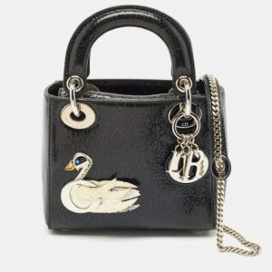 Dior Black Crackled Leather Mini Jeweled Swan Lady Dior Tote