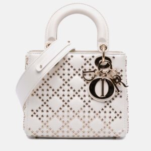 Dior White Small Lambskin Cannage Lucky Star Studded Lady Dior