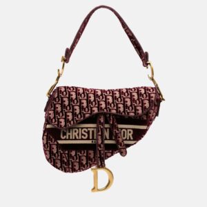 Dior Burgundy Oblique Embroidered Velvet Saddle Bag