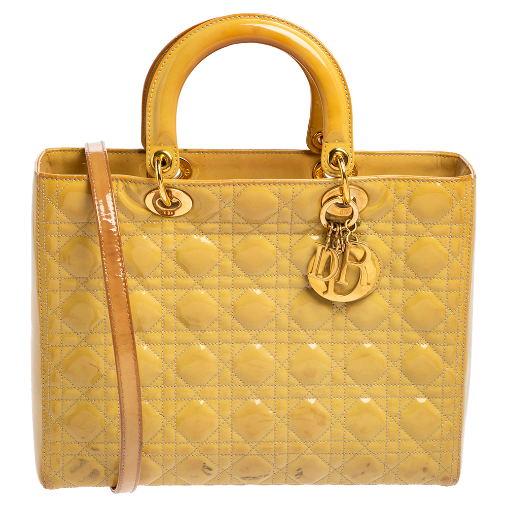 luxury-women-dior-used-handbags-p526992-013-2 Dior Yellow Cannage Patent Leather Large Lady Dior Tote