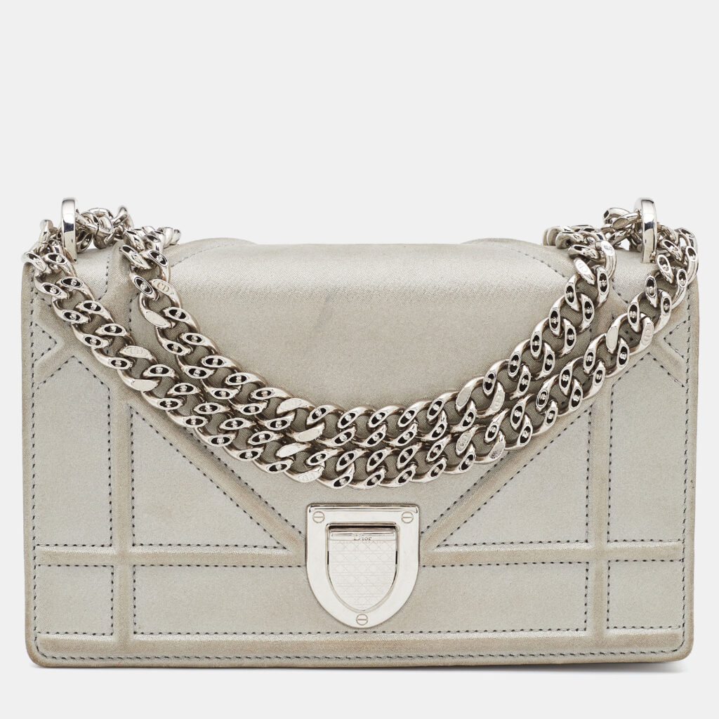 luxury-women-dior-used-handbags-p816059-011 Dior Grey Shimmering Leather Mini Diorama Crossbody Bag
