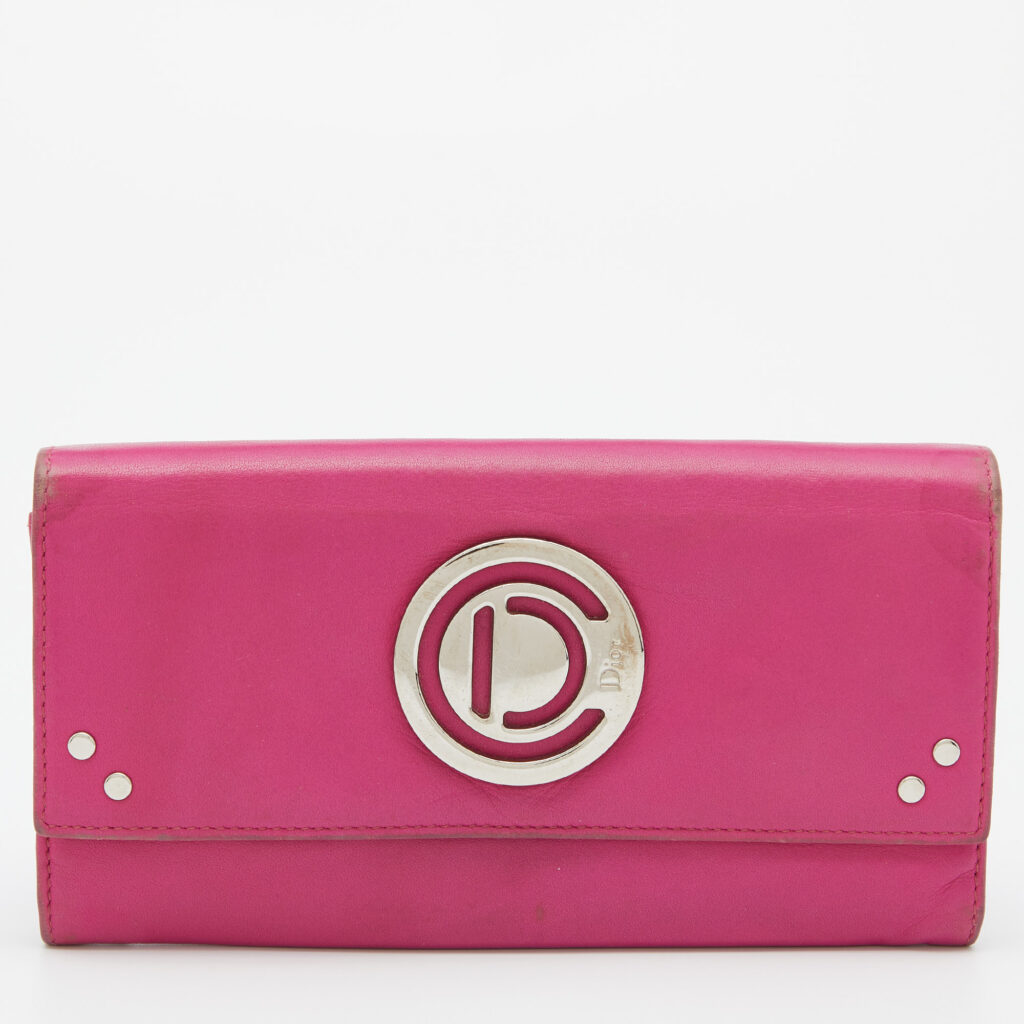 luxury-women-dior-used-handbags-p816168-006 Dior Pink Leather Round Logo Flap Continental Wallet