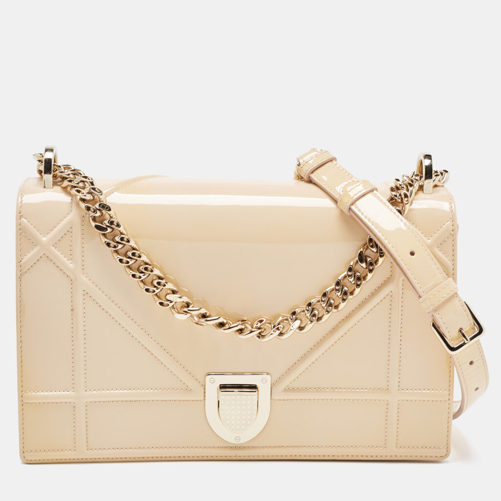 luxury-women-dior-used-handbags-p888964-002 Dior Beige Patent Leather Medium Diorama Shoulder Bag