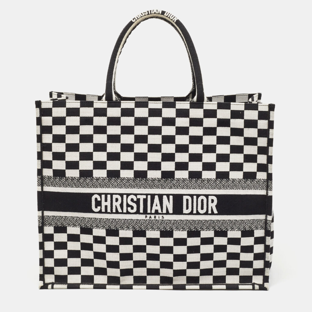 luxury-women-dior-used-handbags-p917954-014 Dior Black/White Checkered Embroidered Canvas Large Book Tote
