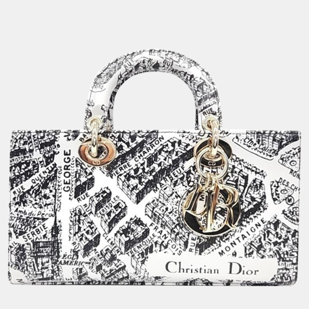 luxury-women-dior-used-handbags-p926994-006 Christian Dior White/Black Plan de Paris Printed Calfskin Medium Lady D-Joy Bag