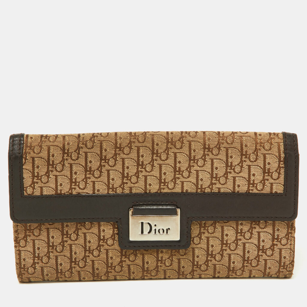 luxury-women-dior-used-handbags-p930768-005 Dior Beige/Brown Oblique Canvas and Leather Flap Continental Wallet